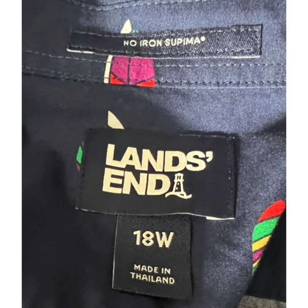 Lands End No Iron Supima Button Front Shirt 18W Sailboat Print Navy Blue - Picture 7 of 8